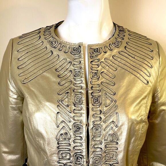 Leather Jacket Vintage 1980's Gold with Fringe Boho Carlos Fiori Size XS - Picture 6 of 11